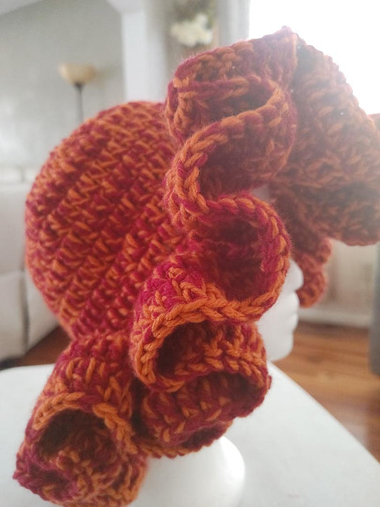 Red and Burnt Orange ruffled crochet hat