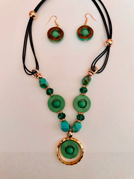 Teal and Gold Necklace and Earring Set